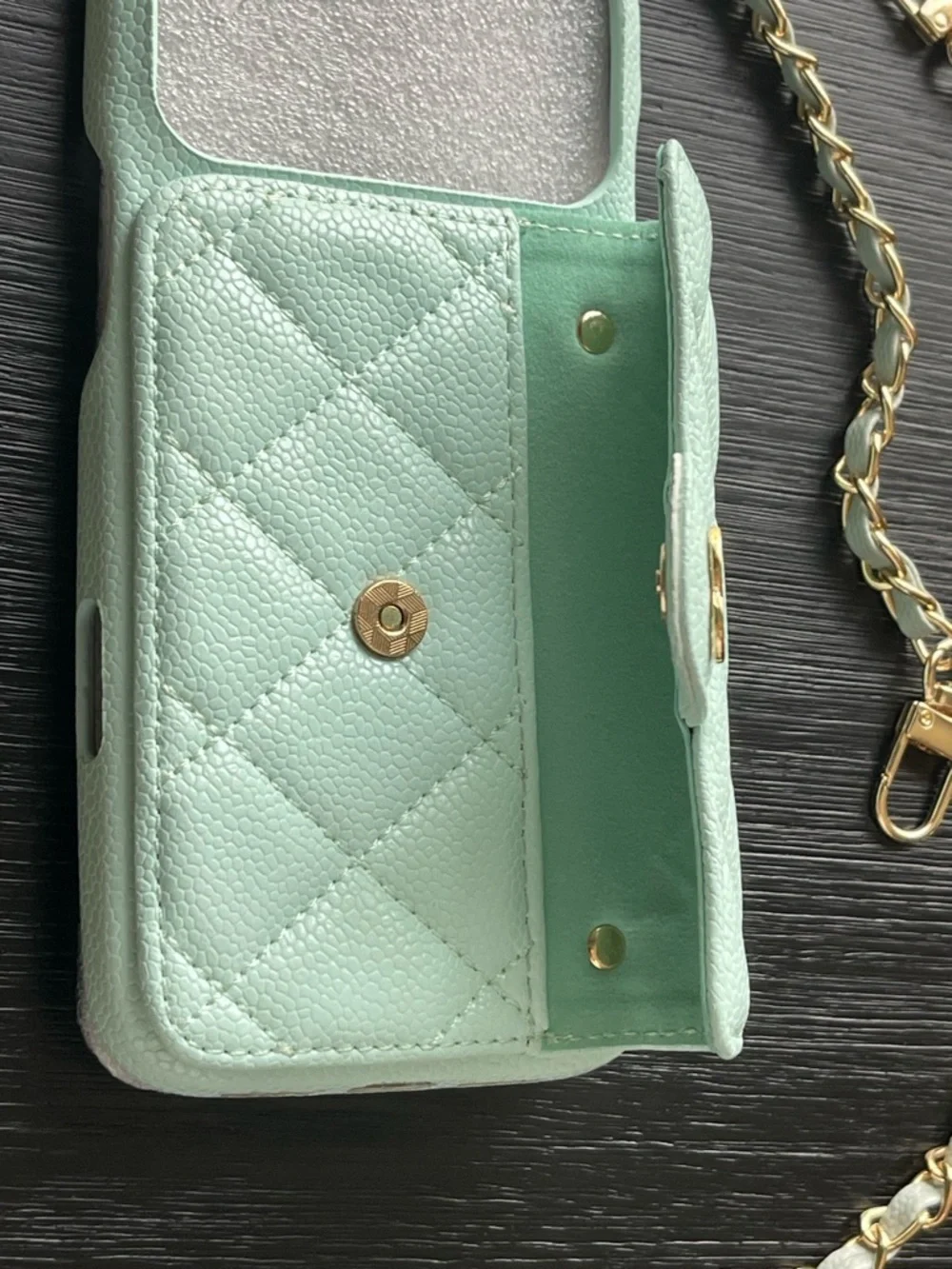 iPhone 17 Pro Max Quilted Teal Green Crossbody Phone Case with Gold Chain.